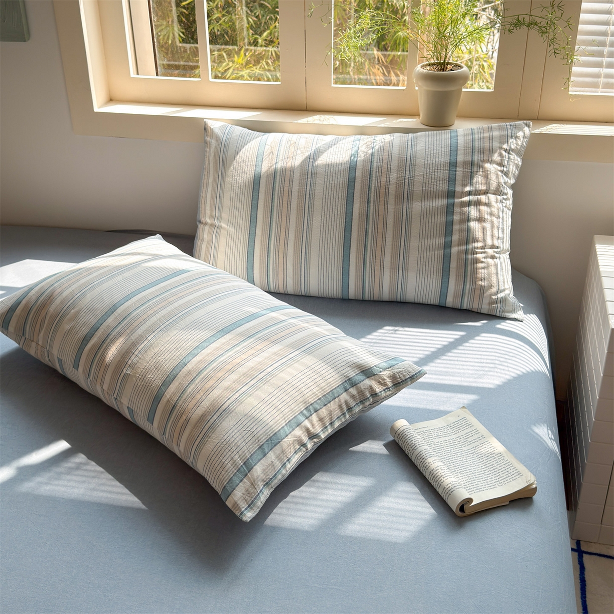 91家纺网 家纺一手货源 找家纺 北欧良品 2026新款全棉色织水洗慵懒风条纹四件套 蓝白混条