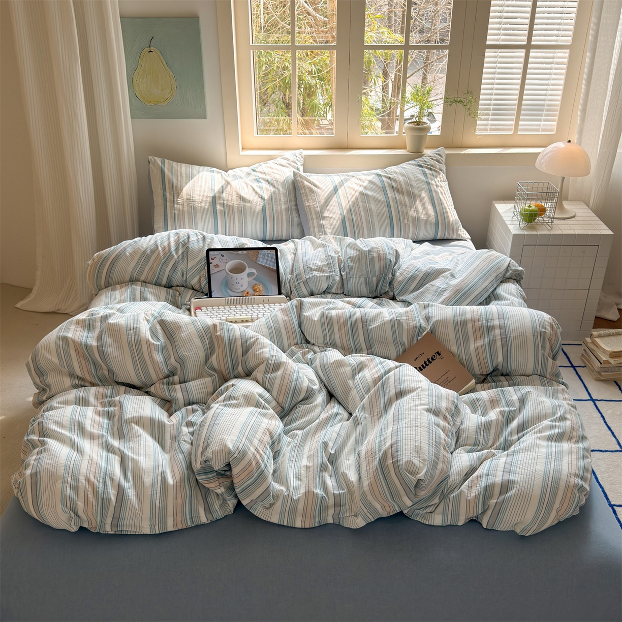 91家纺网 家纺一手货源 找家纺 北欧良品 2026新款全棉色织水洗慵懒风条纹四件套 蓝白混条