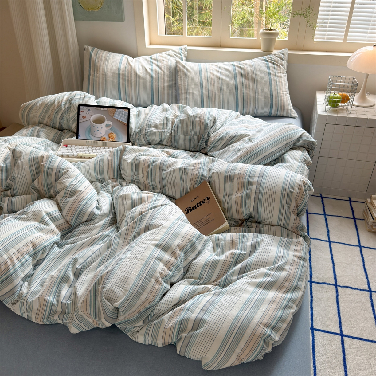 91家纺网 家纺一手货源 找家纺 北欧良品 2026新款全棉色织水洗慵懒风条纹四件套 蓝白混条