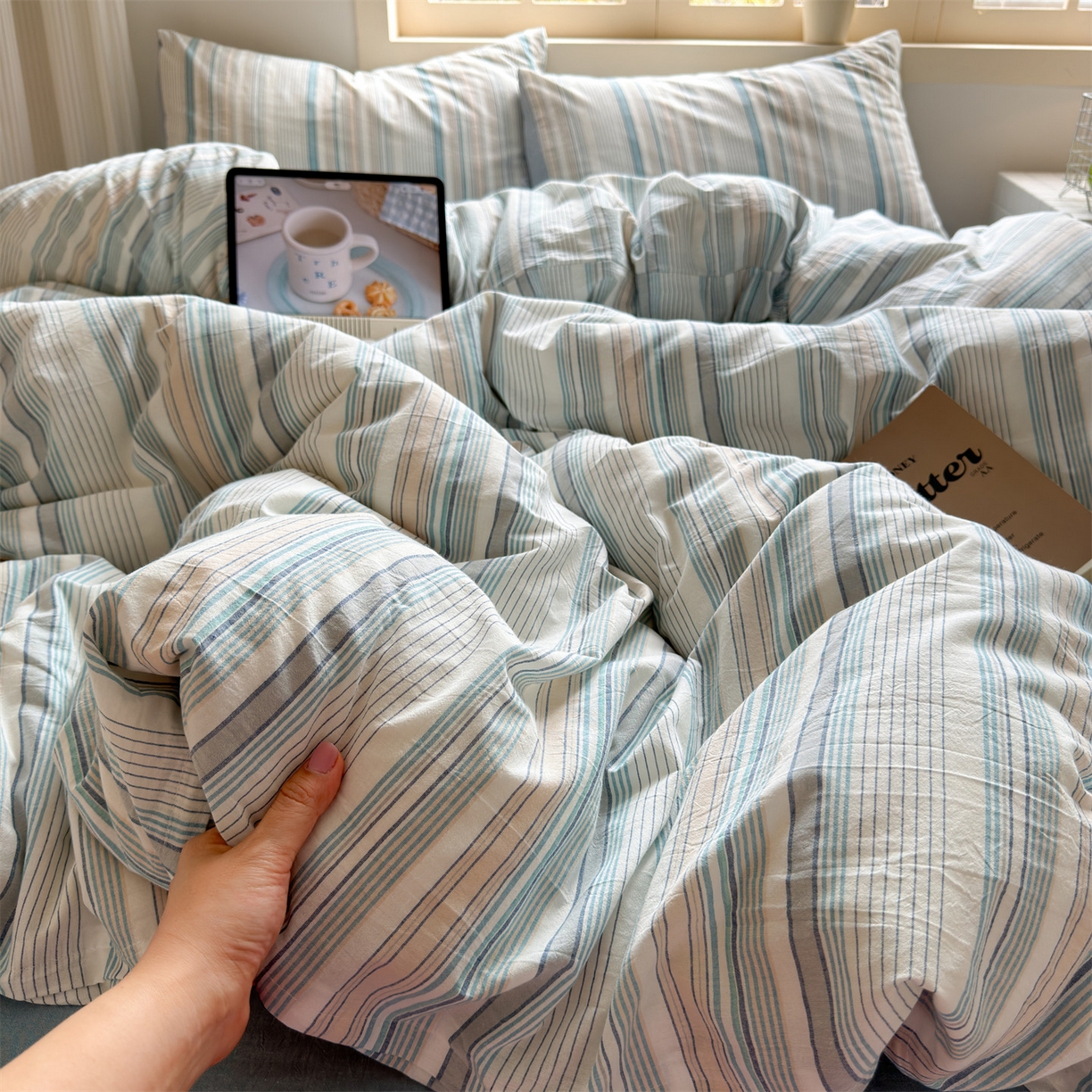 91家纺网 家纺一手货源 找家纺 北欧良品 2026新款全棉色织水洗慵懒风条纹四件套 蓝白混条