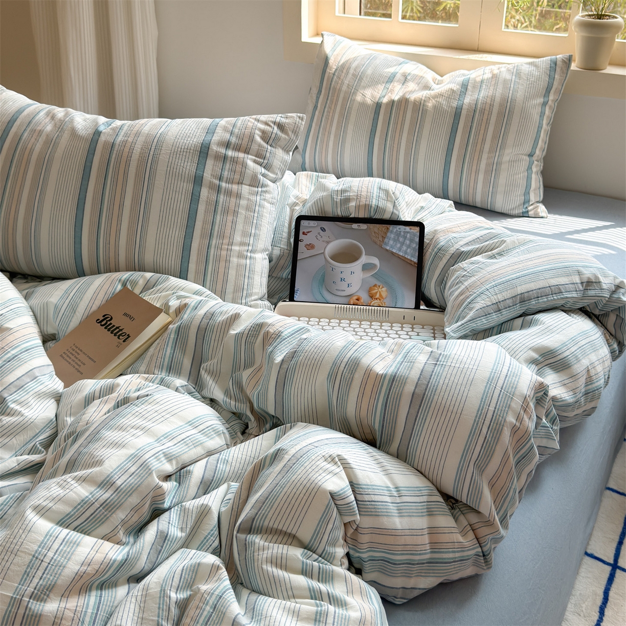 91家纺网 家纺一手货源 找家纺 北欧良品 2026新款全棉色织水洗慵懒风条纹四件套 蓝白混条