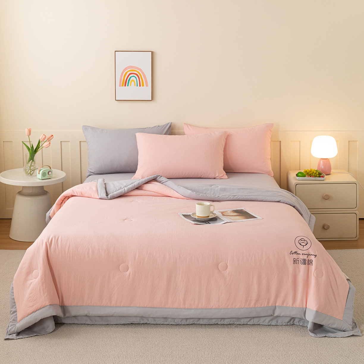 91家纺网 家纺一手货源 找家纺 安琪家纺 2026春夏新款A类新疆棉花纯色撞色双拼夏被夏凉被空调被 双拼-粉灰