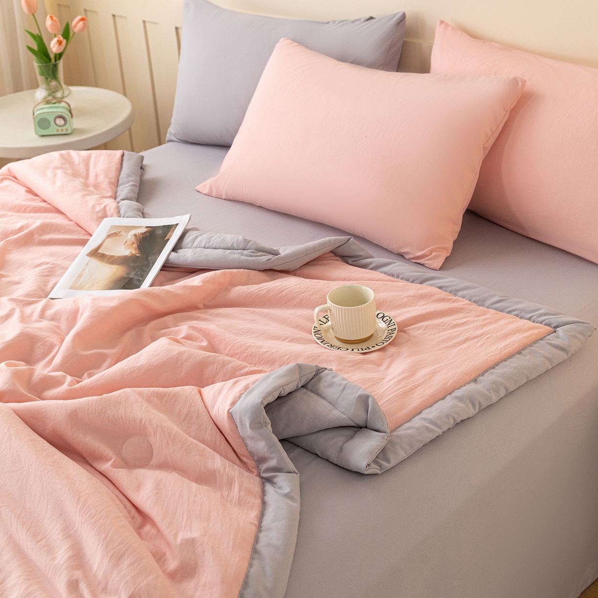 91家纺网 家纺一手货源 找家纺 安琪家纺 2026春夏新款A类新疆棉花纯色撞色双拼夏被夏凉被空调被 双拼-粉灰