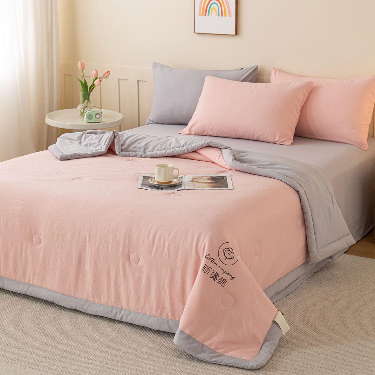 91家纺网 家纺一手货源 找家纺 安琪家纺 2026春夏新款A类新疆棉花纯色撞色双拼夏被夏凉被空调被 双拼-粉灰