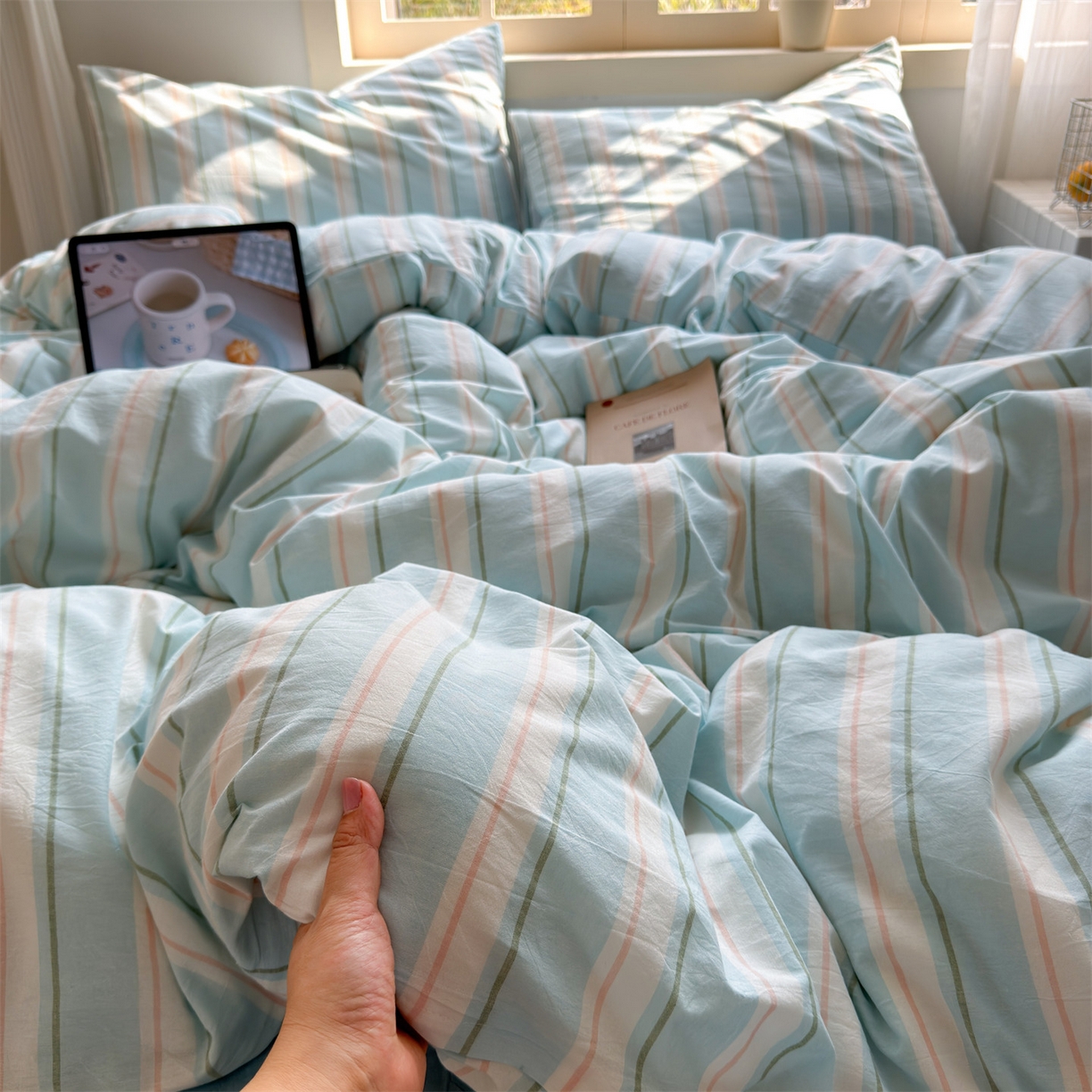 91家纺网 家纺一手货源 找家纺 北欧良品 2026新款全棉色织水洗慵懒风条纹四件套 蓝白素条