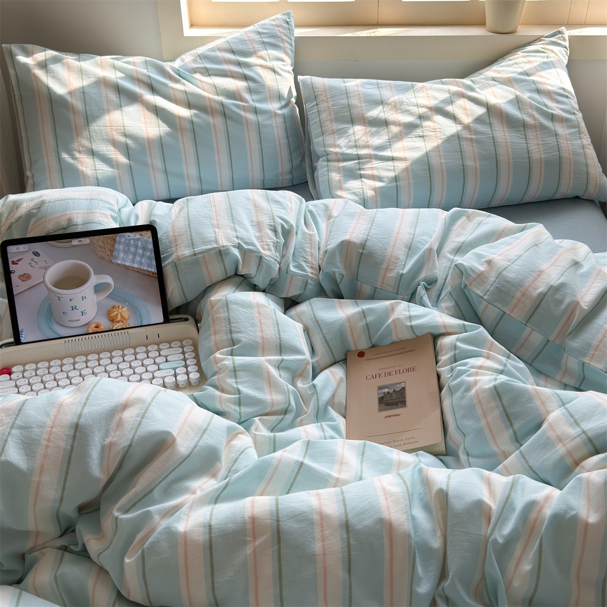 91家纺网 家纺一手货源 找家纺 北欧良品 2026新款全棉色织水洗慵懒风条纹四件套 蓝白素条