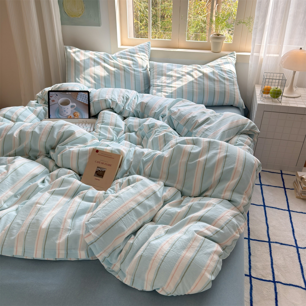 91家纺网 家纺一手货源 找家纺 北欧良品 2026新款全棉色织水洗慵懒风条纹四件套 蓝白素条