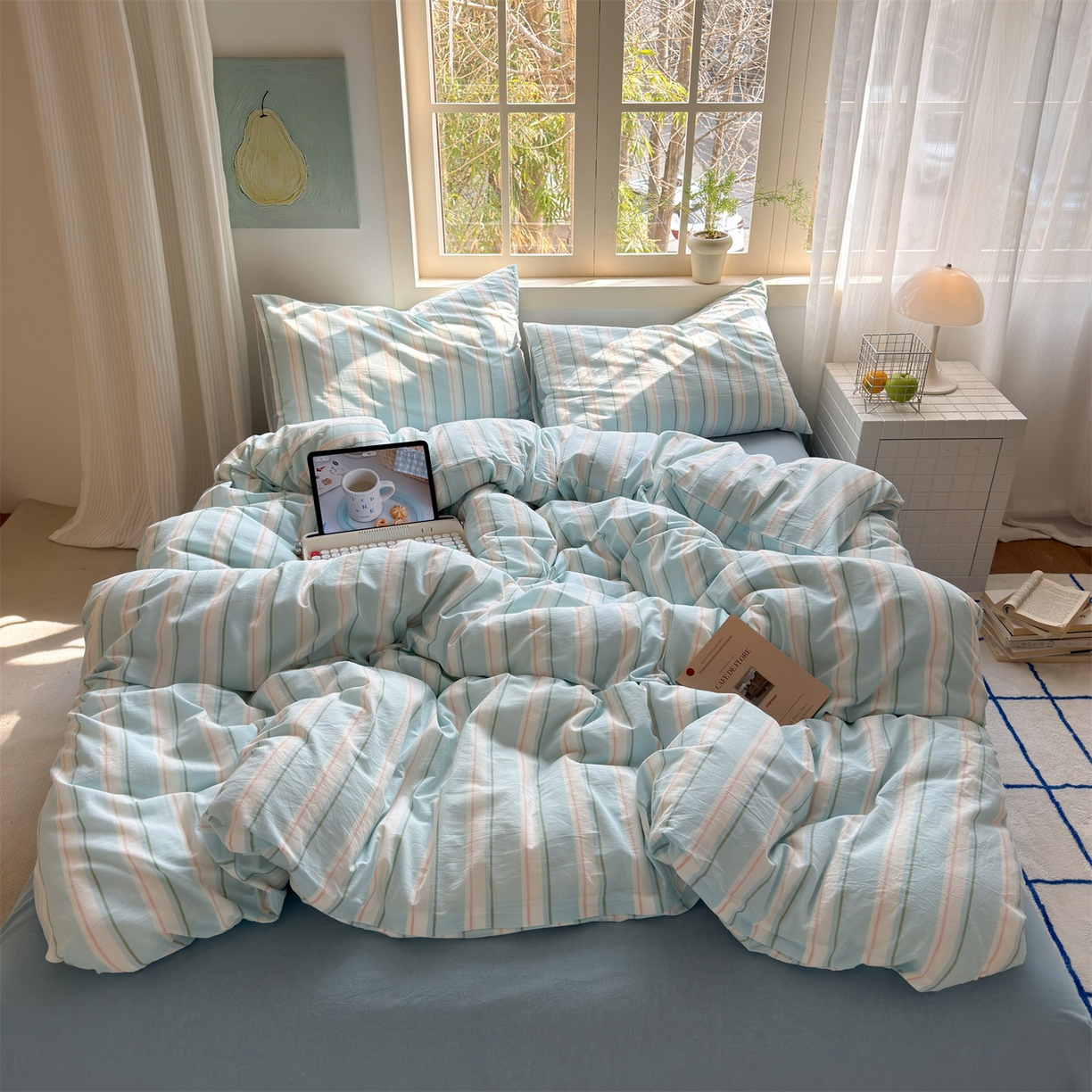 91家纺网 家纺一手货源 找家纺 北欧良品 2026新款全棉色织水洗慵懒风条纹四件套 蓝白素条