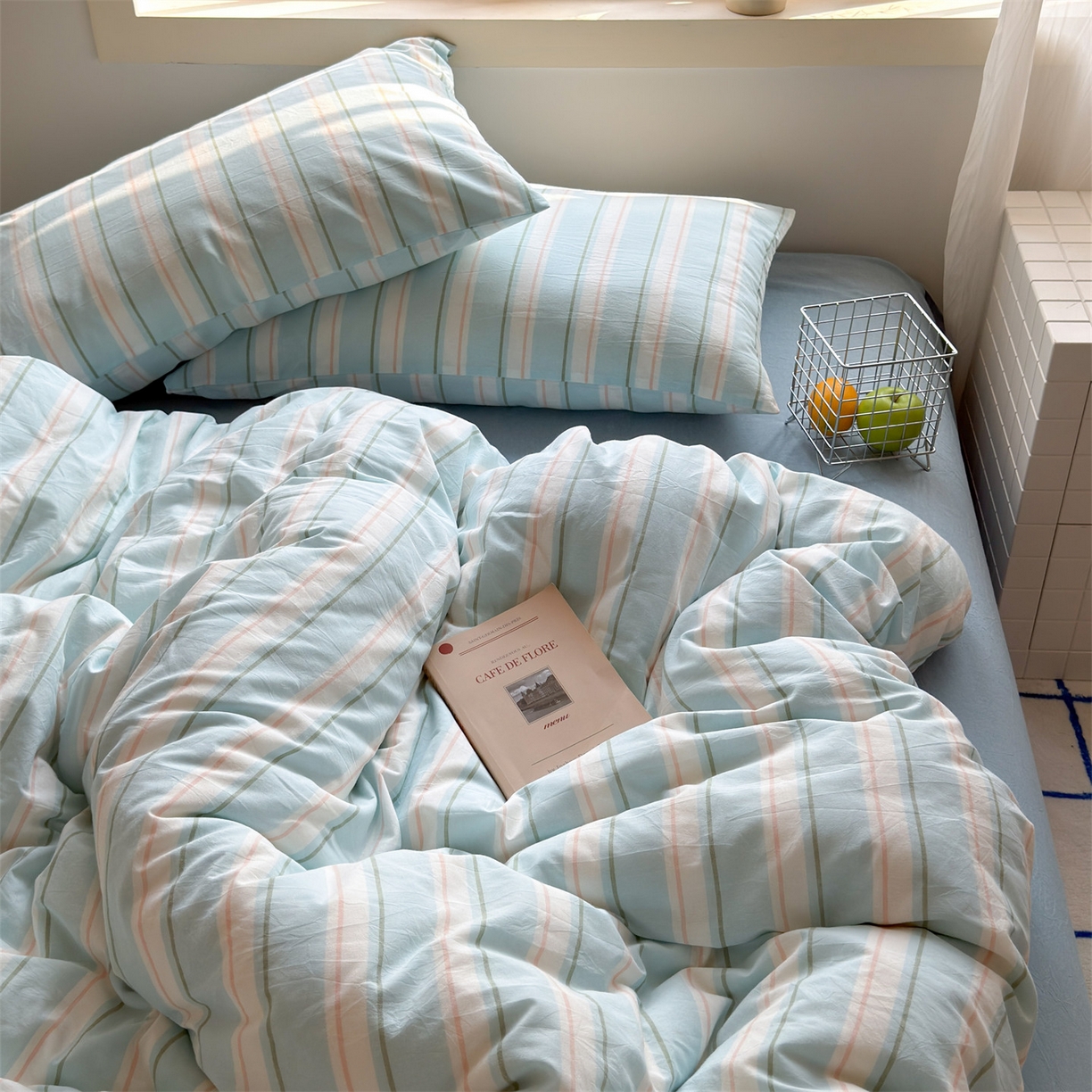 91家纺网 家纺一手货源 找家纺 北欧良品 2026新款全棉色织水洗慵懒风条纹四件套 蓝白素条