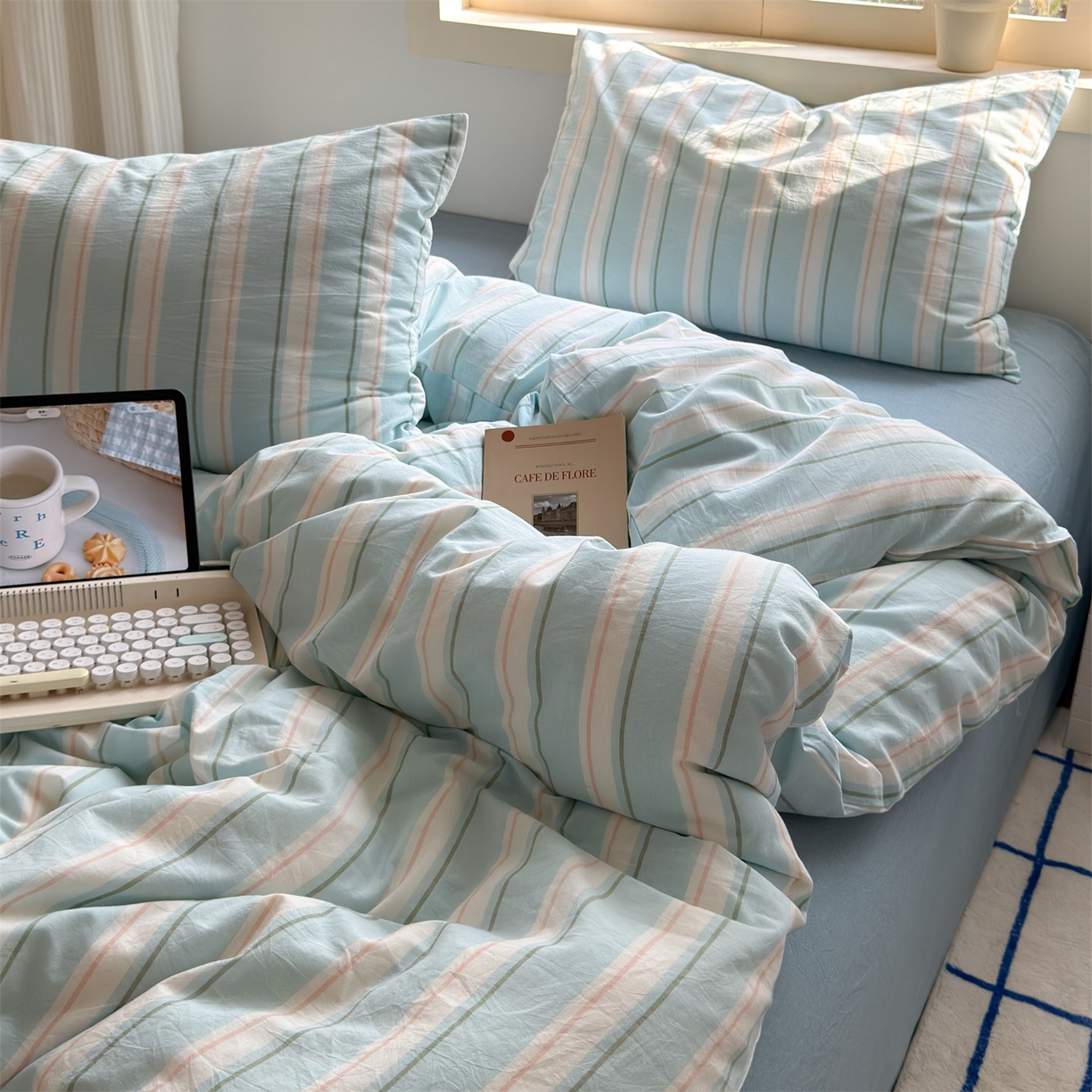 91家纺网 家纺一手货源 找家纺 北欧良品 2026新款全棉色织水洗慵懒风条纹四件套 蓝白素条