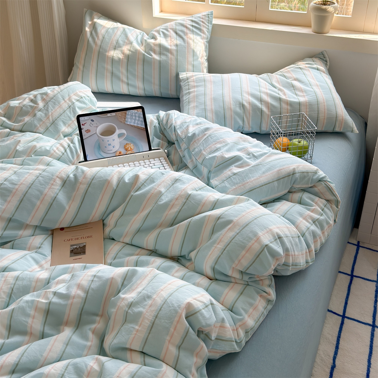 91家纺网 家纺一手货源 找家纺 北欧良品 2026新款全棉色织水洗慵懒风条纹四件套 蓝白素条