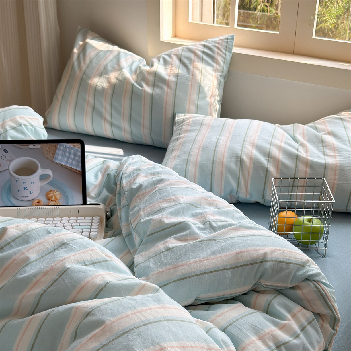 91家纺网 家纺一手货源 找家纺 北欧良品 2026新款全棉色织水洗慵懒风条纹四件套 蓝白素条