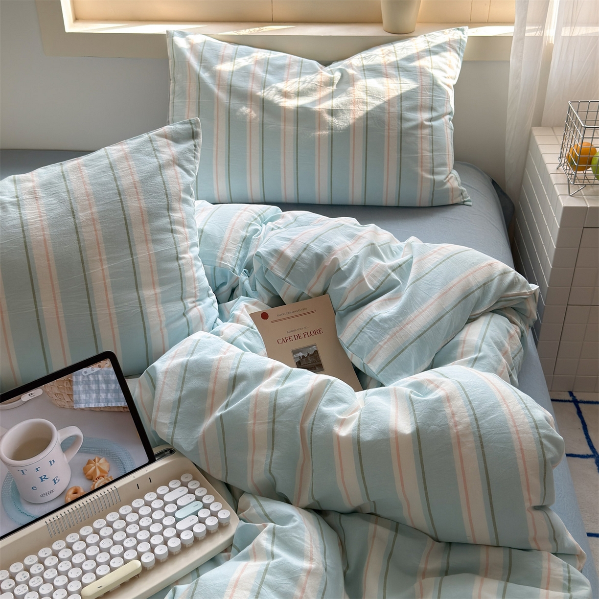 91家纺网 家纺一手货源 找家纺 北欧良品 2026新款全棉色织水洗慵懒风条纹四件套 蓝白素条