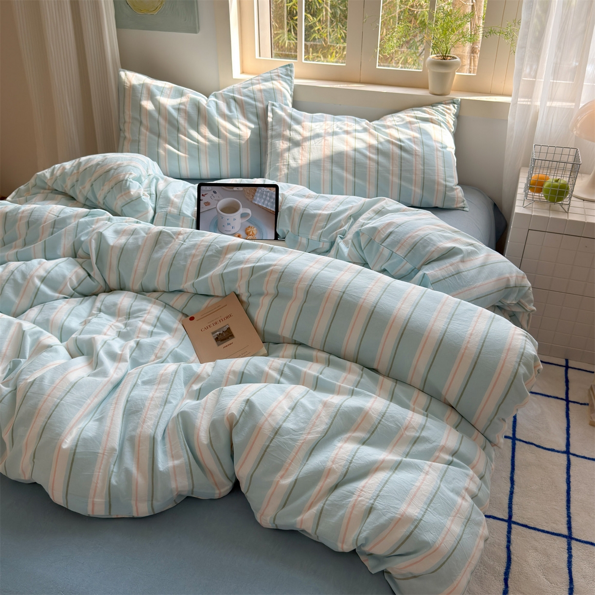 91家纺网 家纺一手货源 找家纺 北欧良品 2026新款全棉色织水洗慵懒风条纹四件套 蓝白素条