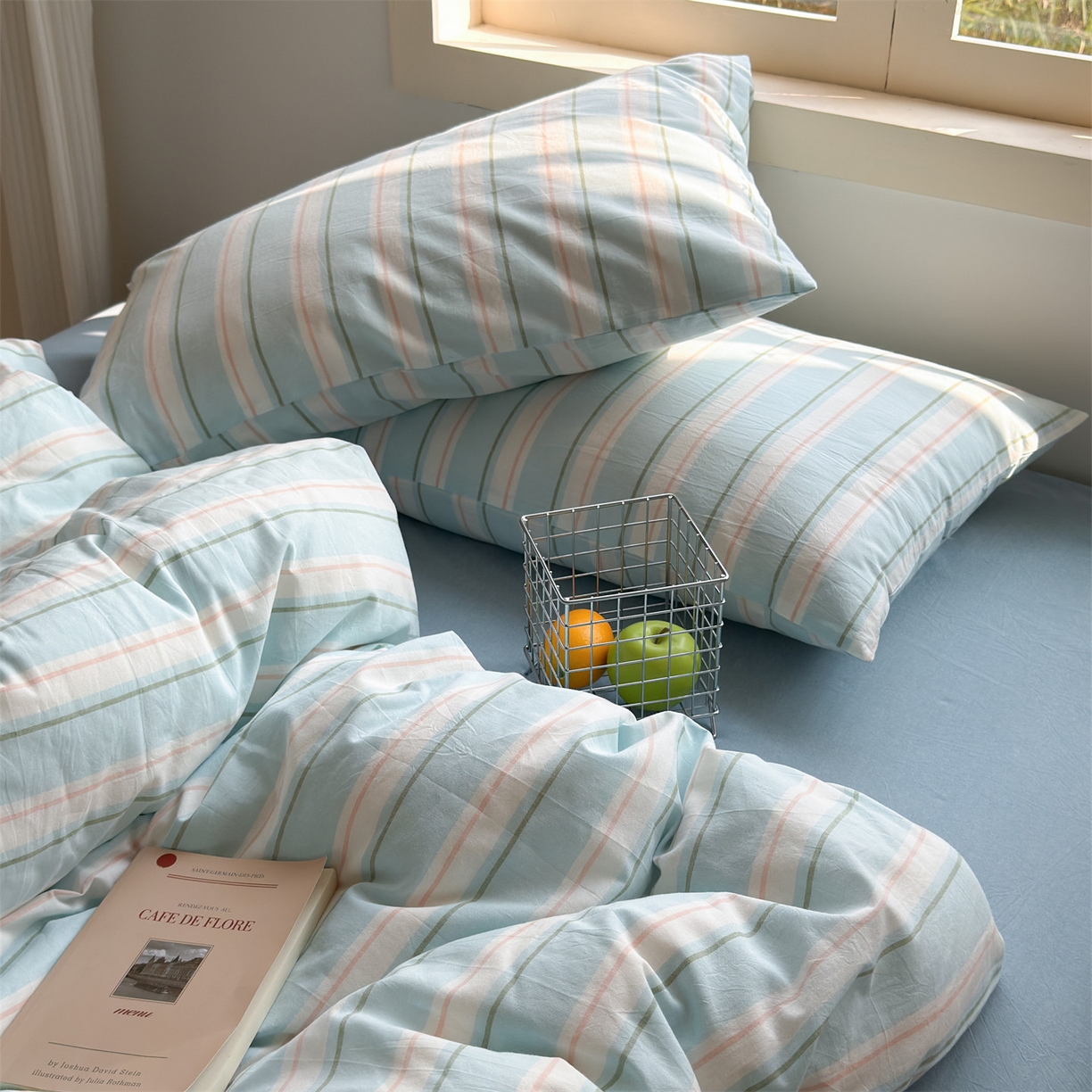 91家纺网 家纺一手货源 找家纺 北欧良品 2026新款全棉色织水洗慵懒风条纹四件套 蓝白素条