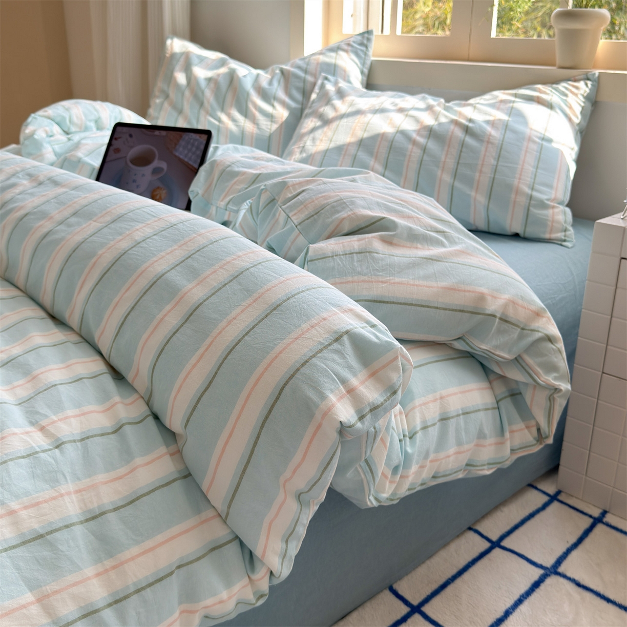 91家纺网 家纺一手货源 找家纺 北欧良品 2026新款全棉色织水洗慵懒风条纹四件套 蓝白素条