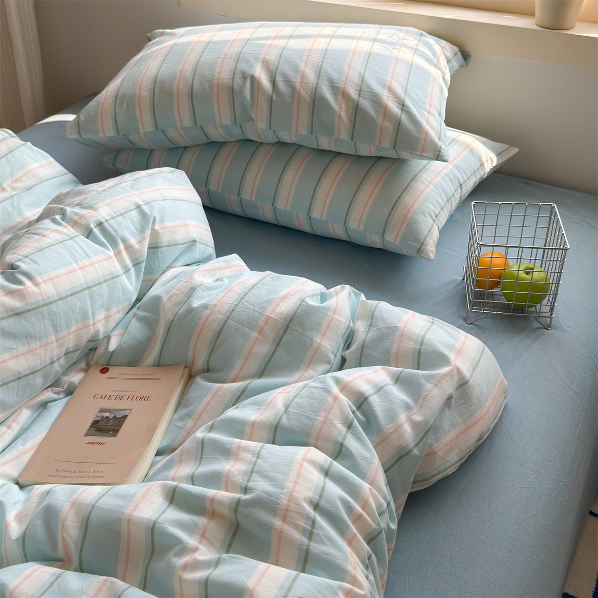 91家纺网 家纺一手货源 找家纺 北欧良品 2026新款全棉色织水洗慵懒风条纹四件套 蓝白素条