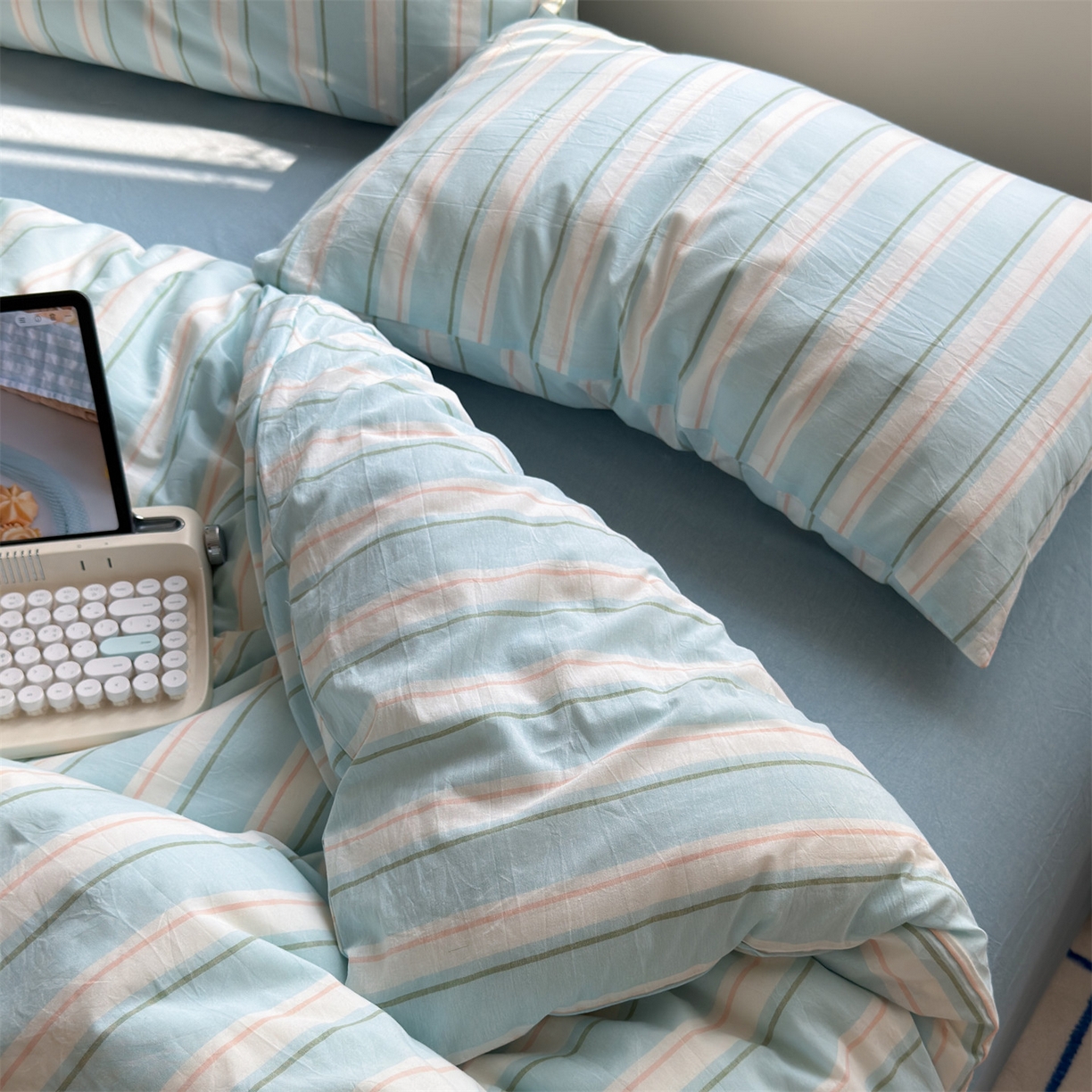 北欧良品 2026新款全棉色织水洗慵懒风条纹四件套 蓝白素条