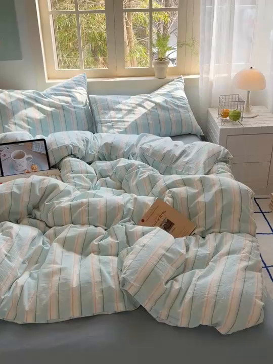 91家纺网 家纺一手货源 找家纺 北欧良品 2026新款全棉色织水洗慵懒风条纹四件套 蓝白素条