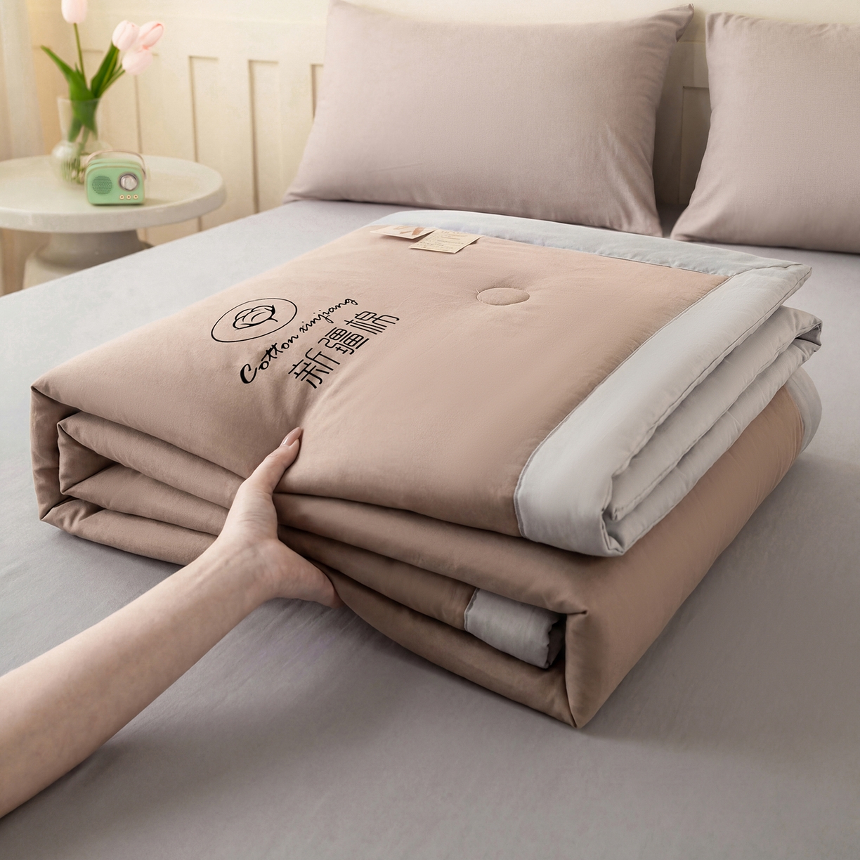 91家纺网 家纺一手货源 找家纺 安琪家纺 2026春夏新款A类新疆棉花纯色撞色双拼夏被夏凉被空调被 双拼-卡其灰