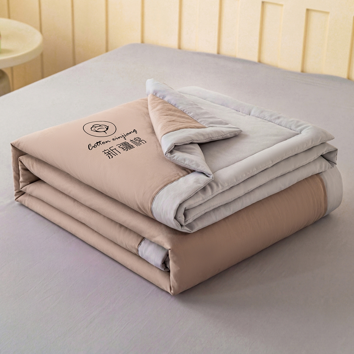 91家纺网 家纺一手货源 找家纺 安琪家纺 2026春夏新款A类新疆棉花纯色撞色双拼夏被夏凉被空调被 双拼-卡其灰