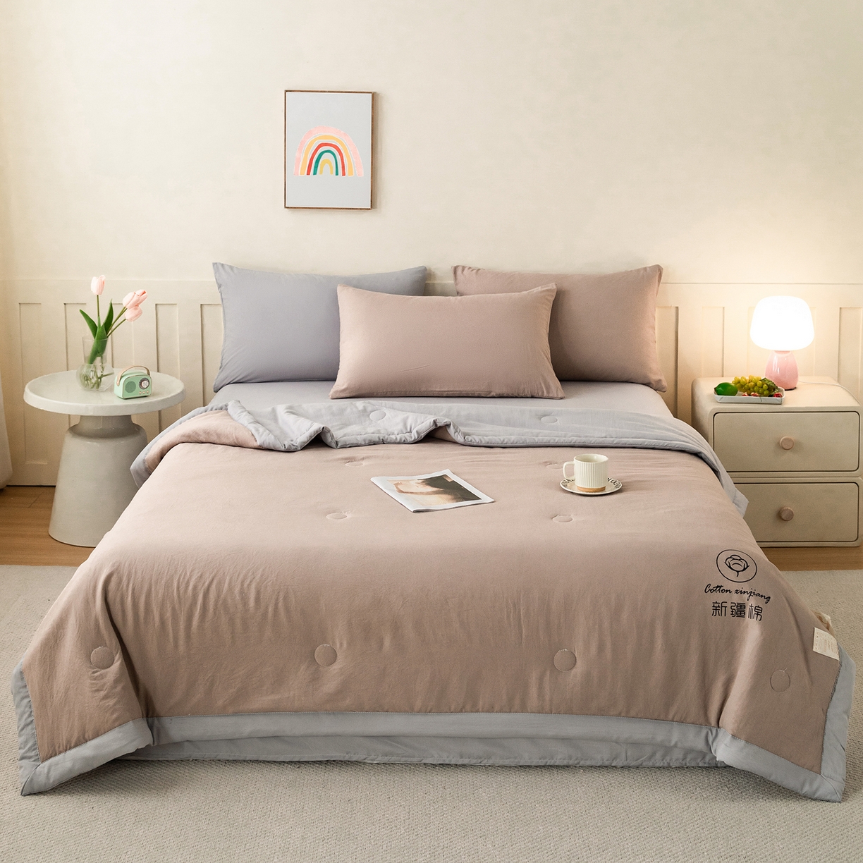 91家纺网 家纺一手货源 找家纺 安琪家纺 2026春夏新款A类新疆棉花纯色撞色双拼夏被夏凉被空调被 双拼-卡其灰