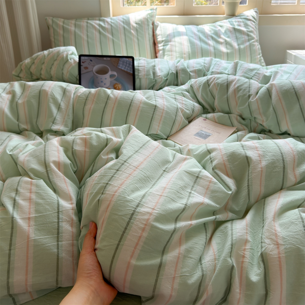 91家纺网 家纺一手货源 找家纺 北欧良品 2026新款全棉色织水洗慵懒风条纹四件套 绿白素条