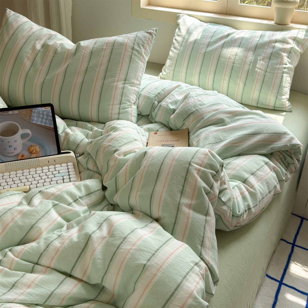 91家纺网 家纺一手货源 找家纺 北欧良品 2026新款全棉色织水洗慵懒风条纹四件套 绿白素条