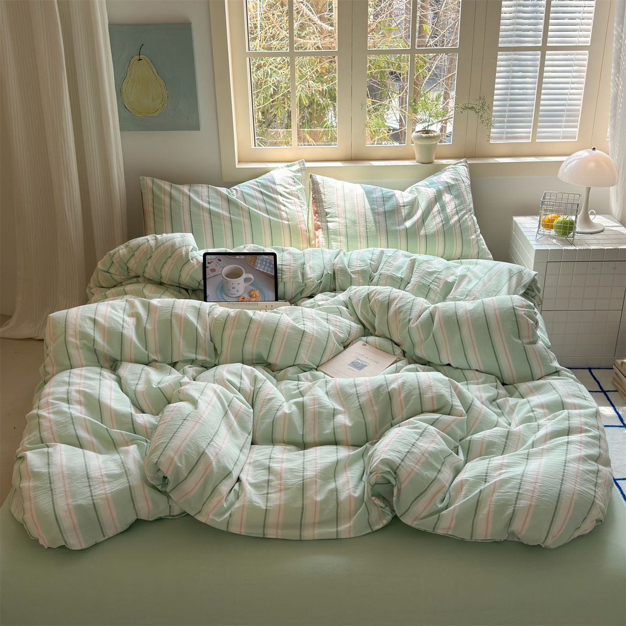 91家纺网 家纺一手货源 找家纺 北欧良品 2026新款全棉色织水洗慵懒风条纹四件套 绿白素条