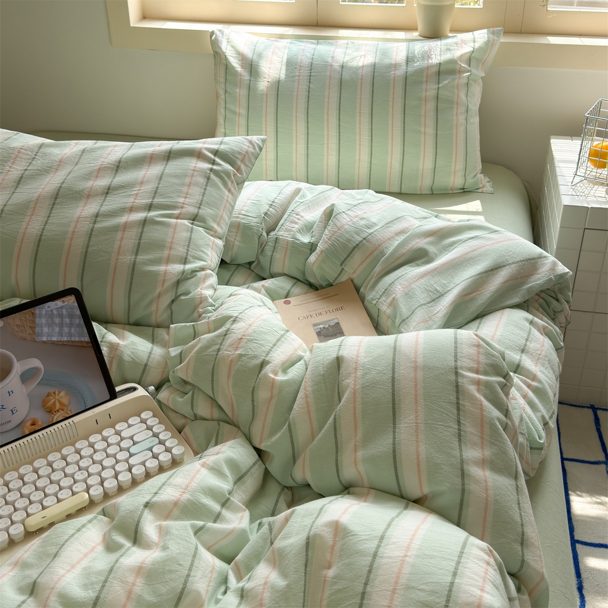 91家纺网 家纺一手货源 找家纺 北欧良品 2026新款全棉色织水洗慵懒风条纹四件套 绿白素条