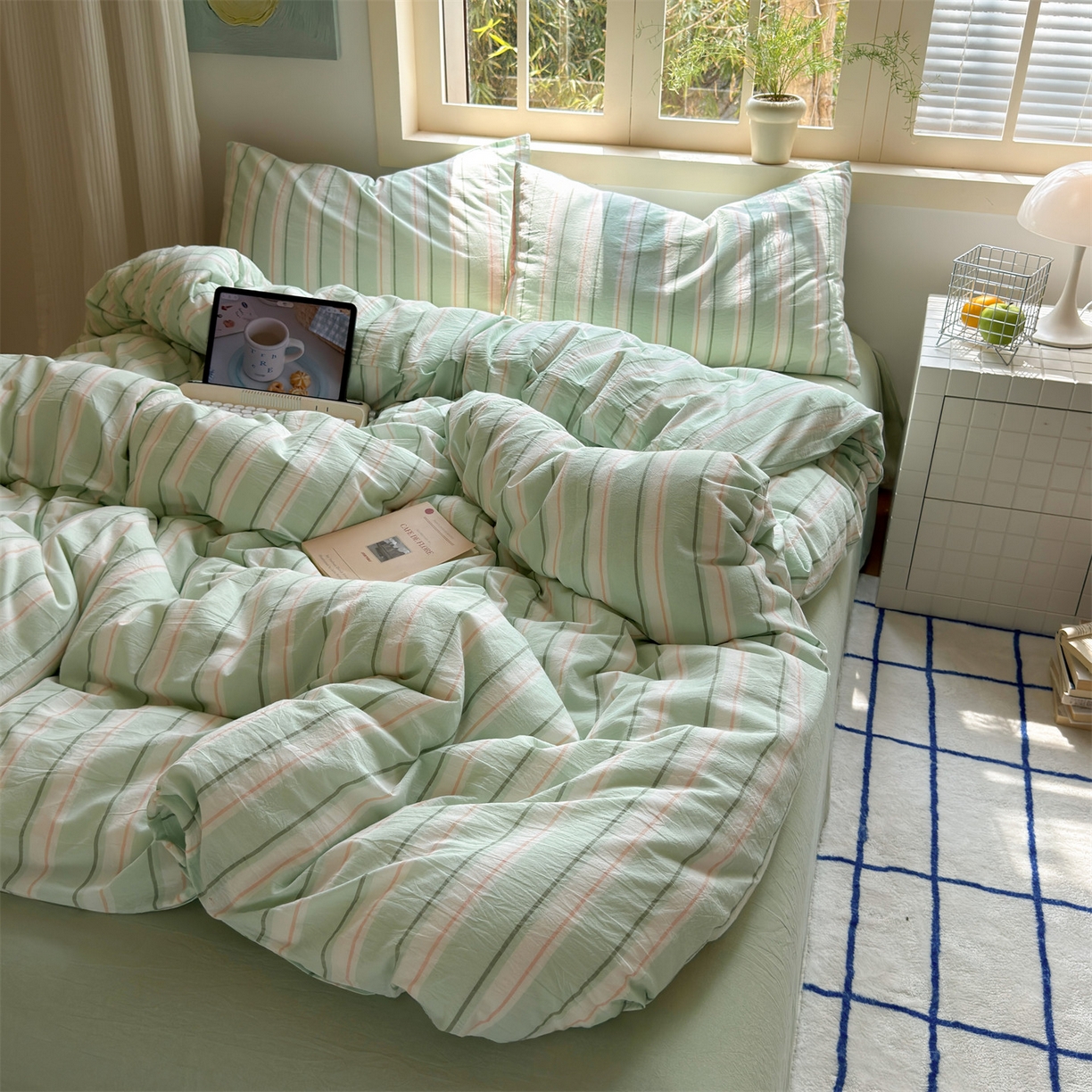 91家纺网 家纺一手货源 找家纺 北欧良品 2026新款全棉色织水洗慵懒风条纹四件套 绿白素条