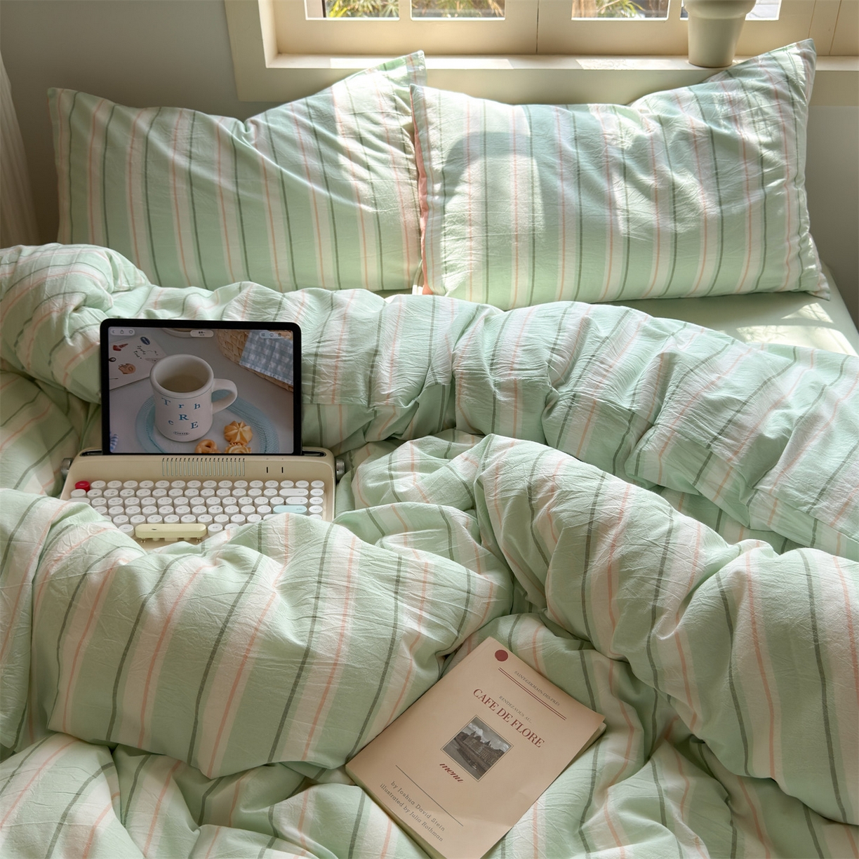 91家纺网 家纺一手货源 找家纺 北欧良品 2026新款全棉色织水洗慵懒风条纹四件套 绿白素条