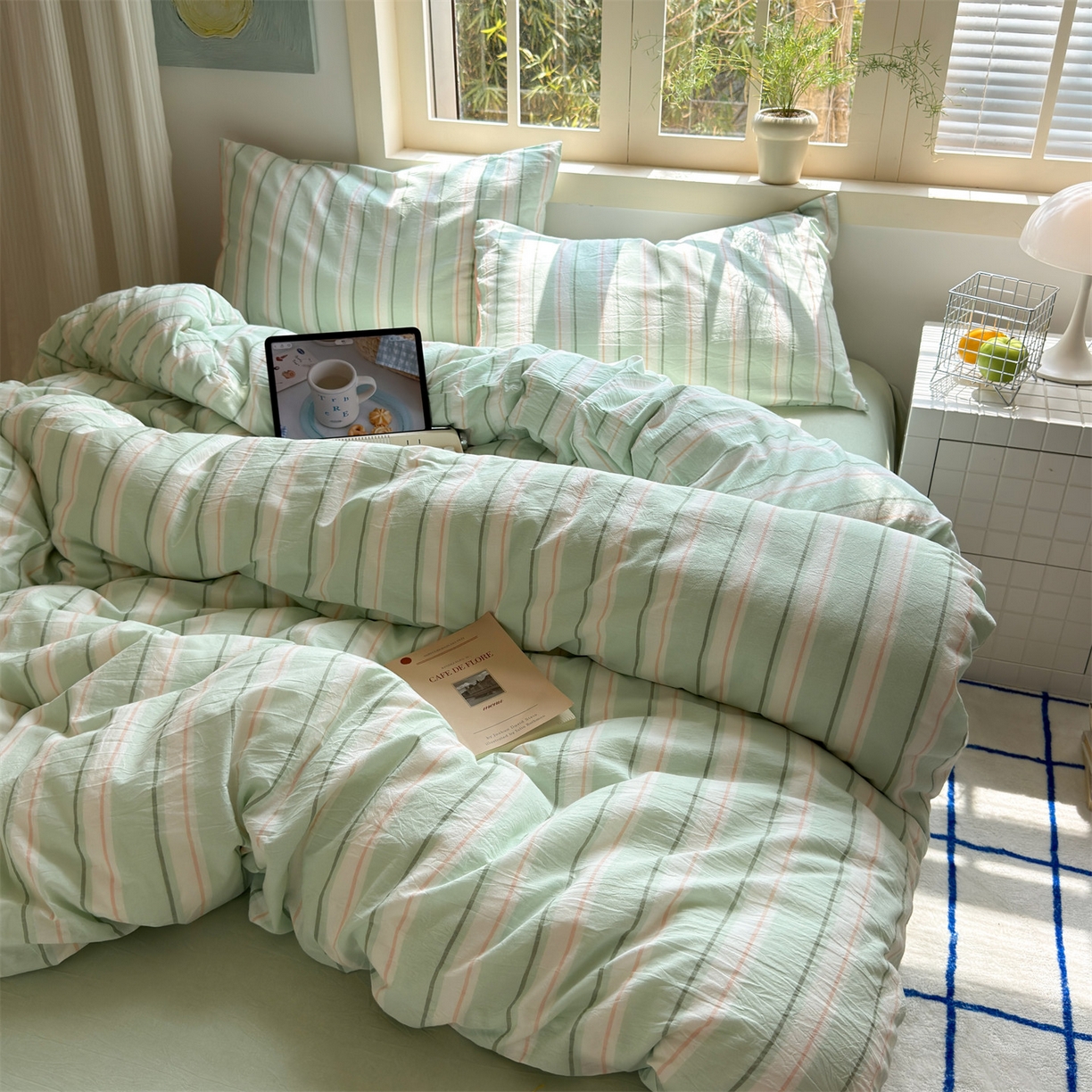 91家纺网 家纺一手货源 找家纺 北欧良品 2026新款全棉色织水洗慵懒风条纹四件套 绿白素条