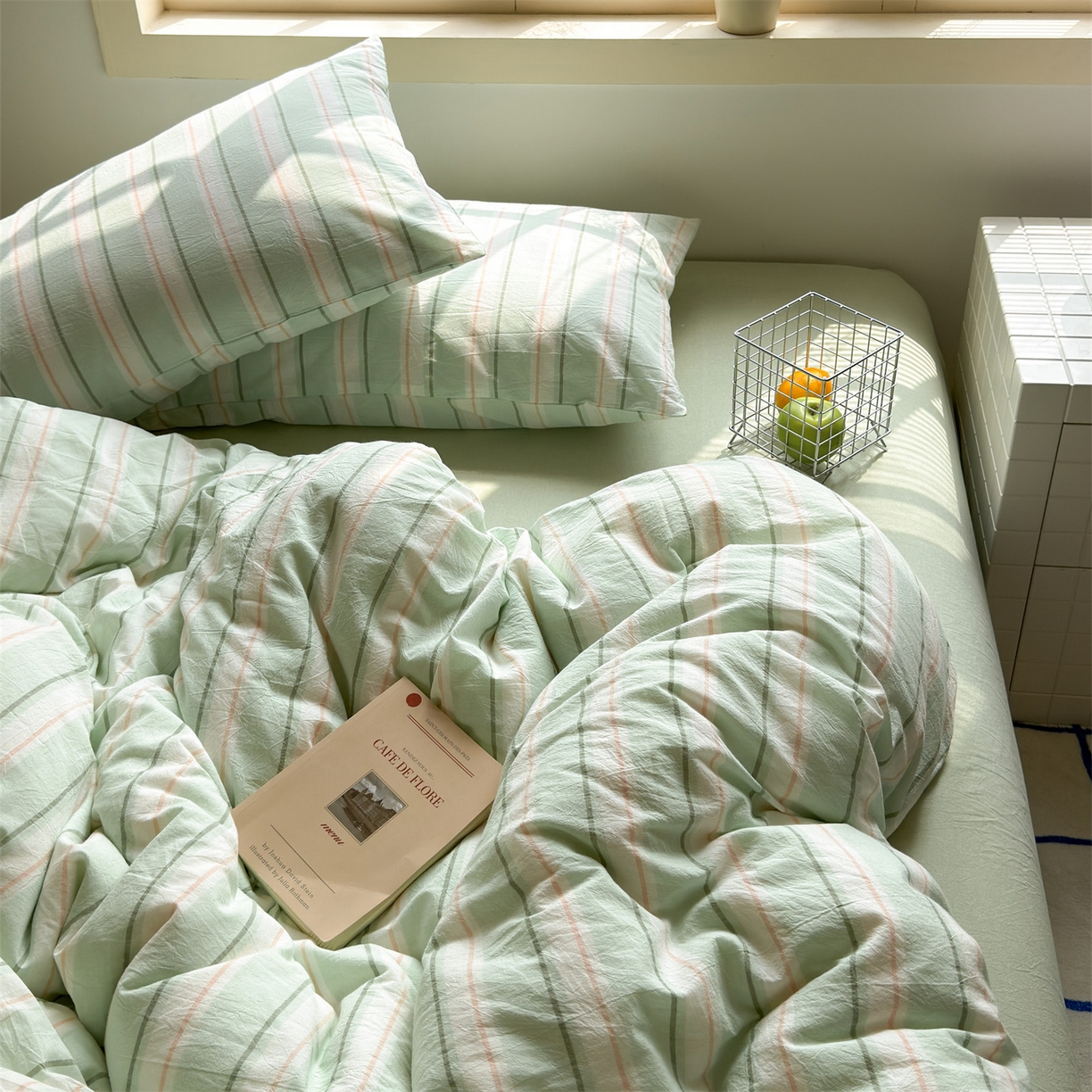 91家纺网 家纺一手货源 找家纺 北欧良品 2026新款全棉色织水洗慵懒风条纹四件套 绿白素条