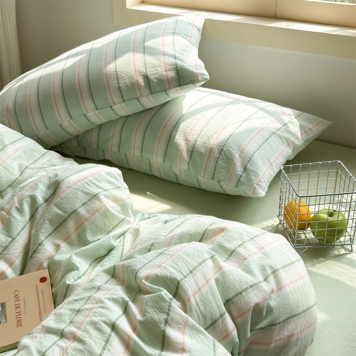 91家纺网 家纺一手货源 找家纺 北欧良品 2026新款全棉色织水洗慵懒风条纹四件套 绿白素条