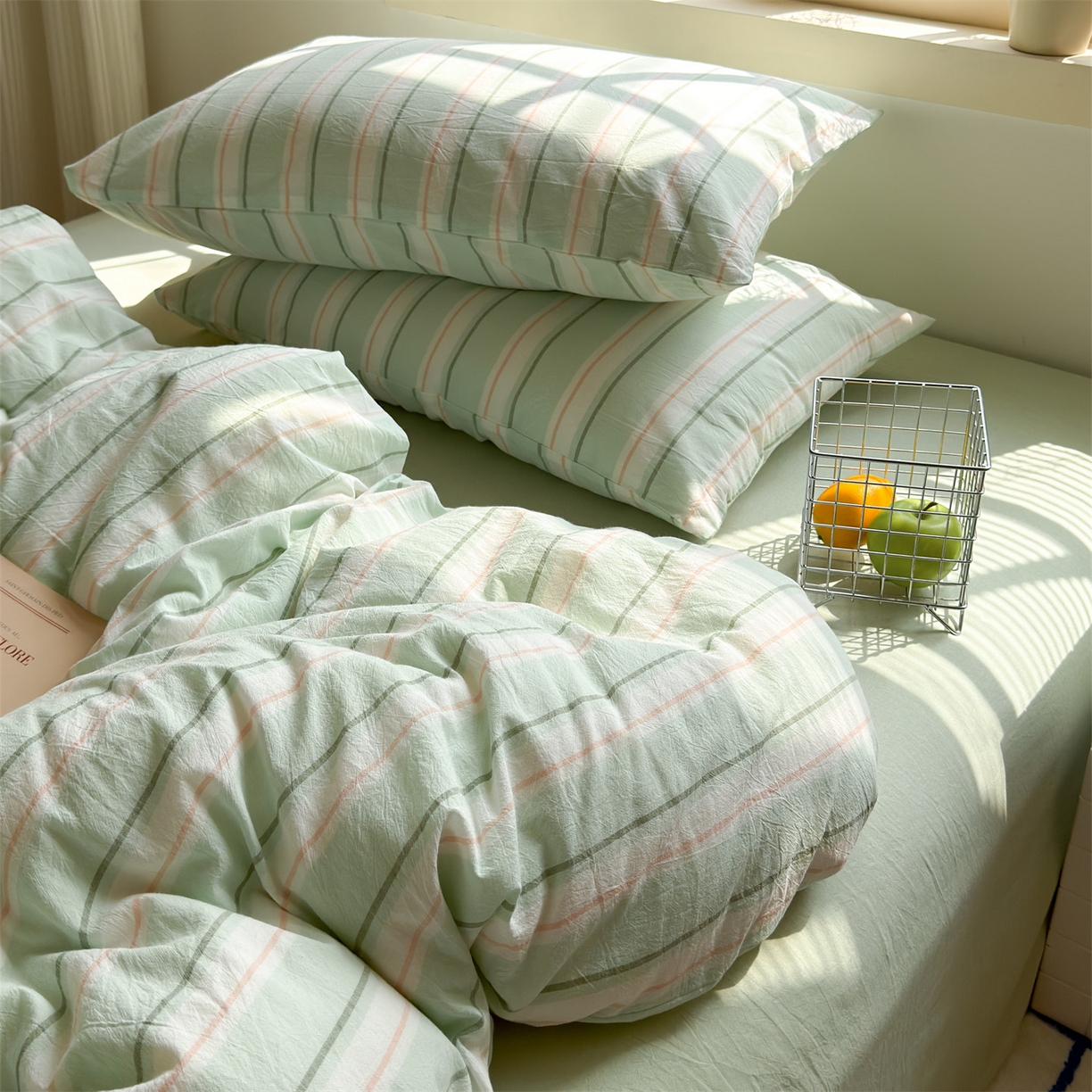 91家纺网 家纺一手货源 找家纺 北欧良品 2026新款全棉色织水洗慵懒风条纹四件套 绿白素条