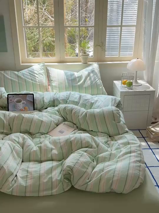 91家纺网 家纺一手货源 找家纺 北欧良品 2026新款全棉色织水洗慵懒风条纹四件套 绿白素条