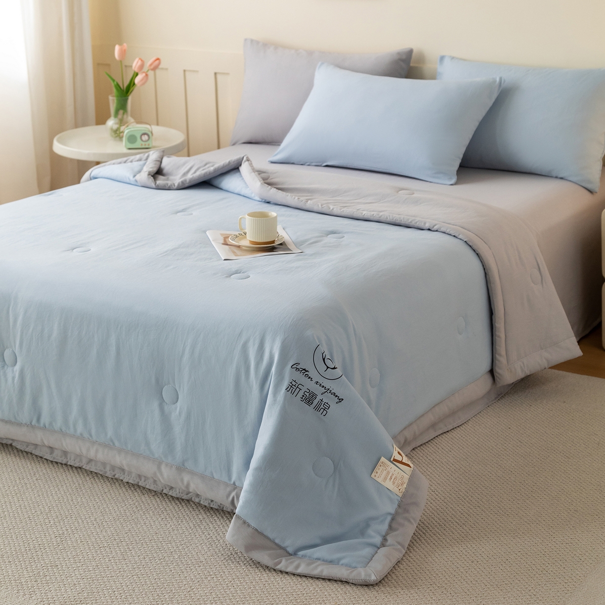 91家纺网 家纺一手货源 找家纺 安琪家纺 2026春夏新款A类新疆棉花纯色撞色双拼夏被夏凉被空调被 双拼-蓝灰