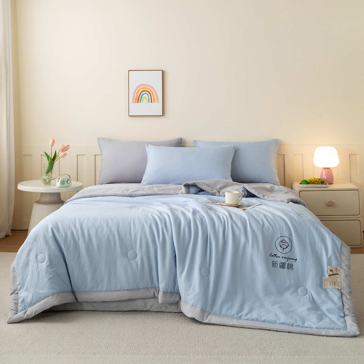 91家纺网 家纺一手货源 找家纺 安琪家纺 2026春夏新款A类新疆棉花纯色撞色双拼夏被夏凉被空调被 双拼-蓝灰