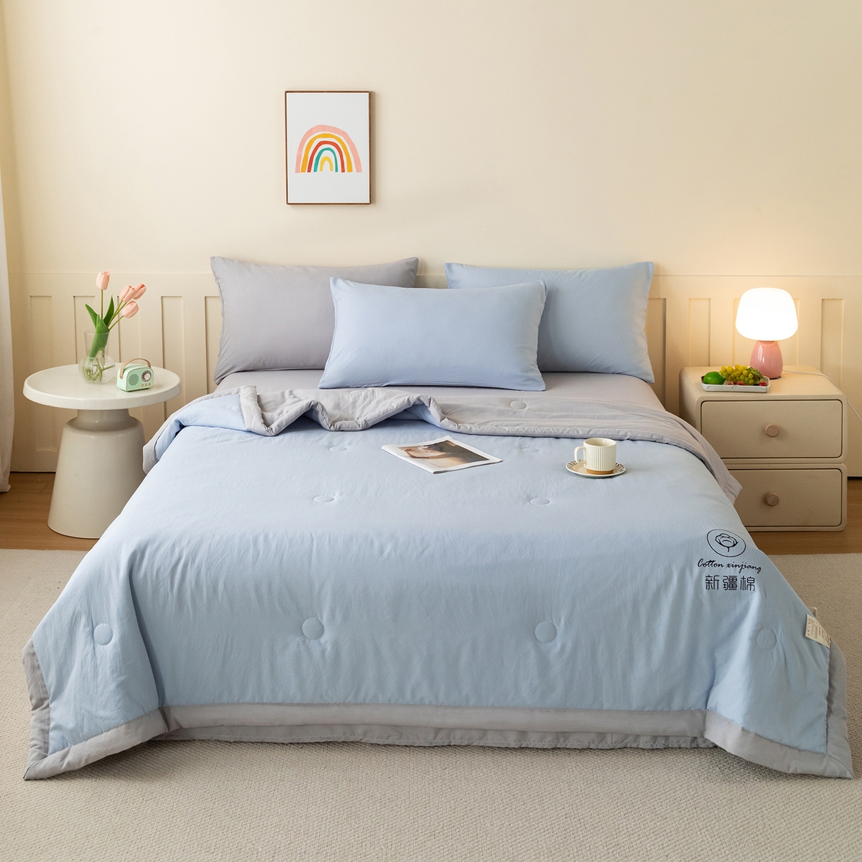 91家纺网 家纺一手货源 找家纺 安琪家纺 2026春夏新款A类新疆棉花纯色撞色双拼夏被夏凉被空调被 双拼-蓝灰