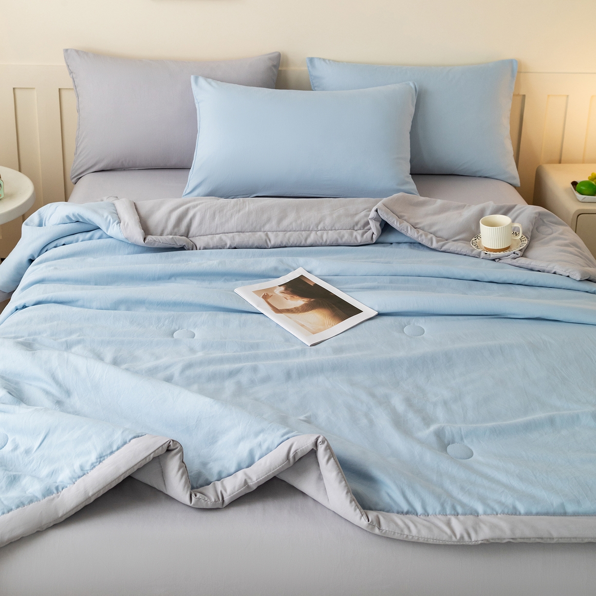 91家纺网 家纺一手货源 找家纺 安琪家纺 2026春夏新款A类新疆棉花纯色撞色双拼夏被夏凉被空调被 双拼-蓝灰