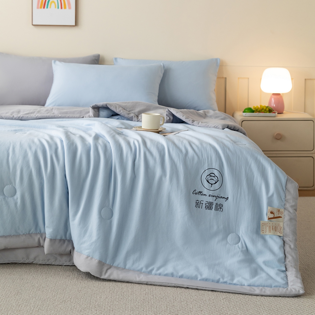 91家纺网 家纺一手货源 找家纺 安琪家纺 2026春夏新款A类新疆棉花纯色撞色双拼夏被夏凉被空调被 双拼-蓝灰