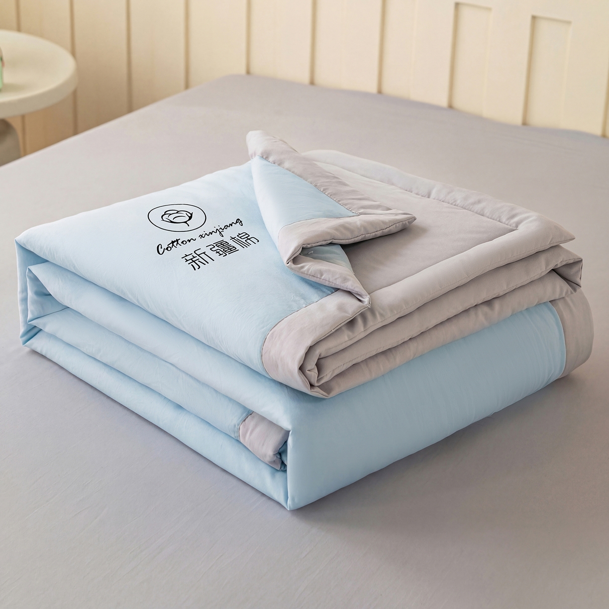 91家纺网 家纺一手货源 找家纺 安琪家纺 2026春夏新款A类新疆棉花纯色撞色双拼夏被夏凉被空调被 双拼-蓝灰