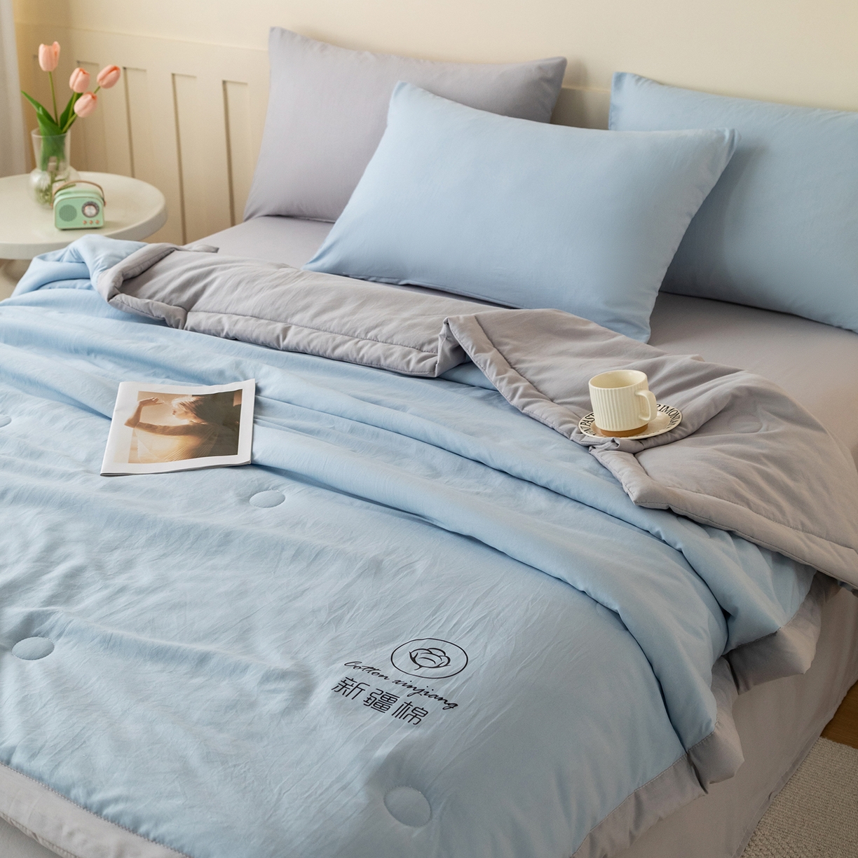 91家纺网 家纺一手货源 找家纺 安琪家纺 2026春夏新款A类新疆棉花纯色撞色双拼夏被夏凉被空调被 双拼-蓝灰