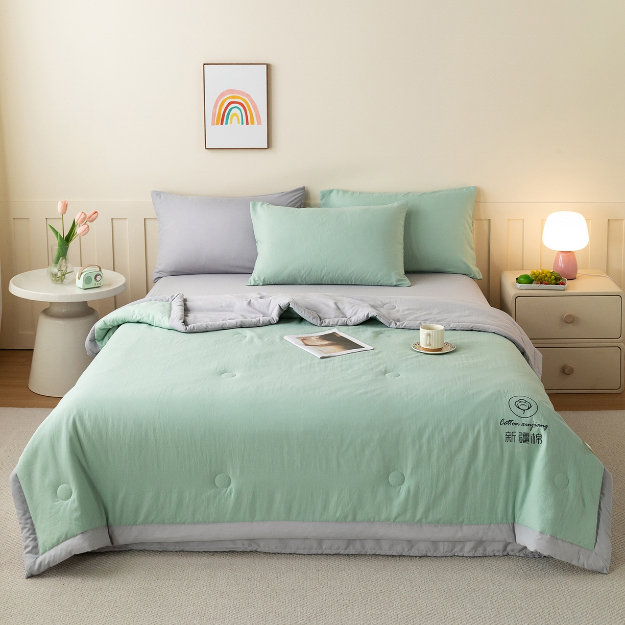 91家纺网 家纺一手货源 找家纺 安琪家纺 2026春夏新款A类新疆棉花纯色撞色双拼夏被夏凉被空调被 双拼-绿灰