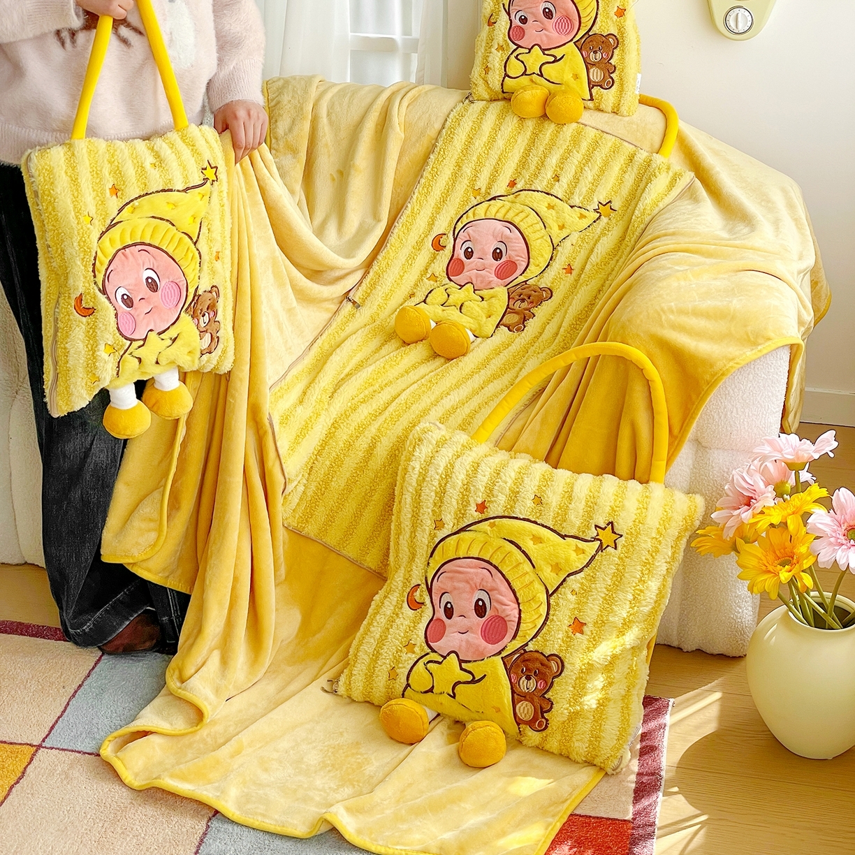 91家纺网 家纺一手货源 找家纺 （总）古本家居 2026春夏新款多巴胺网红风星星抱枕毯