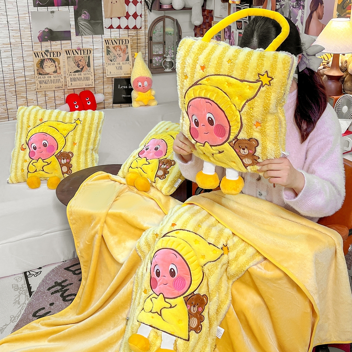 91家纺网 家纺一手货源 找家纺 （总）古本家居 2026春夏新款多巴胺网红风星星抱枕毯