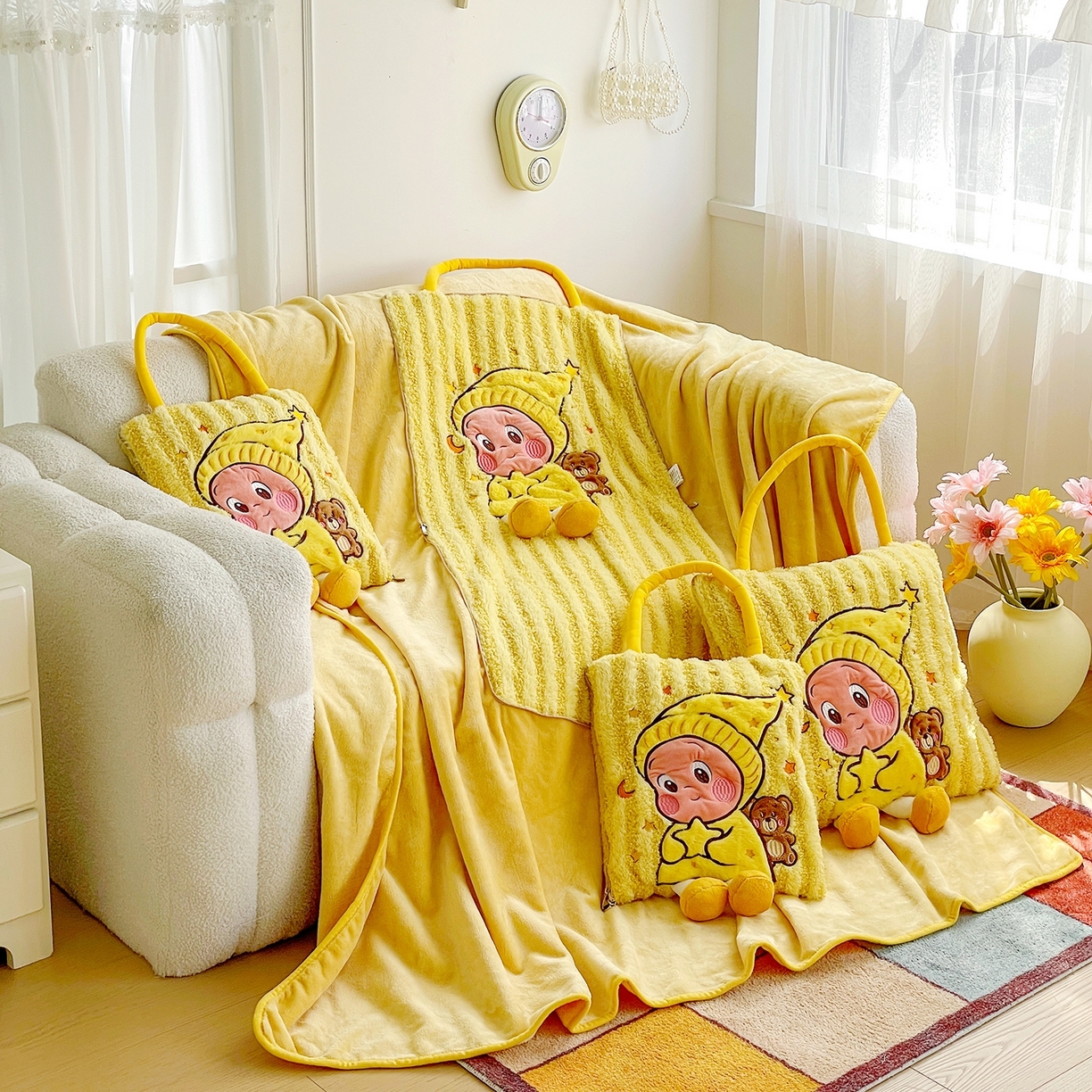 91家纺网 家纺一手货源 找家纺 （总）古本家居 2026春夏新款多巴胺网红风星星抱枕毯