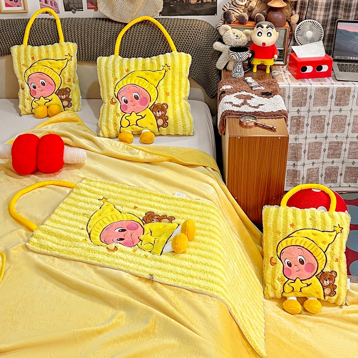 91家纺网 家纺一手货源 找家纺 （总）古本家居 2026春夏新款多巴胺网红风星星抱枕毯