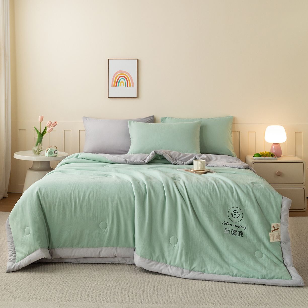 91家纺网 家纺一手货源 找家纺 安琪家纺 2026春夏新款A类新疆棉花纯色撞色双拼夏被夏凉被空调被 双拼-绿灰
